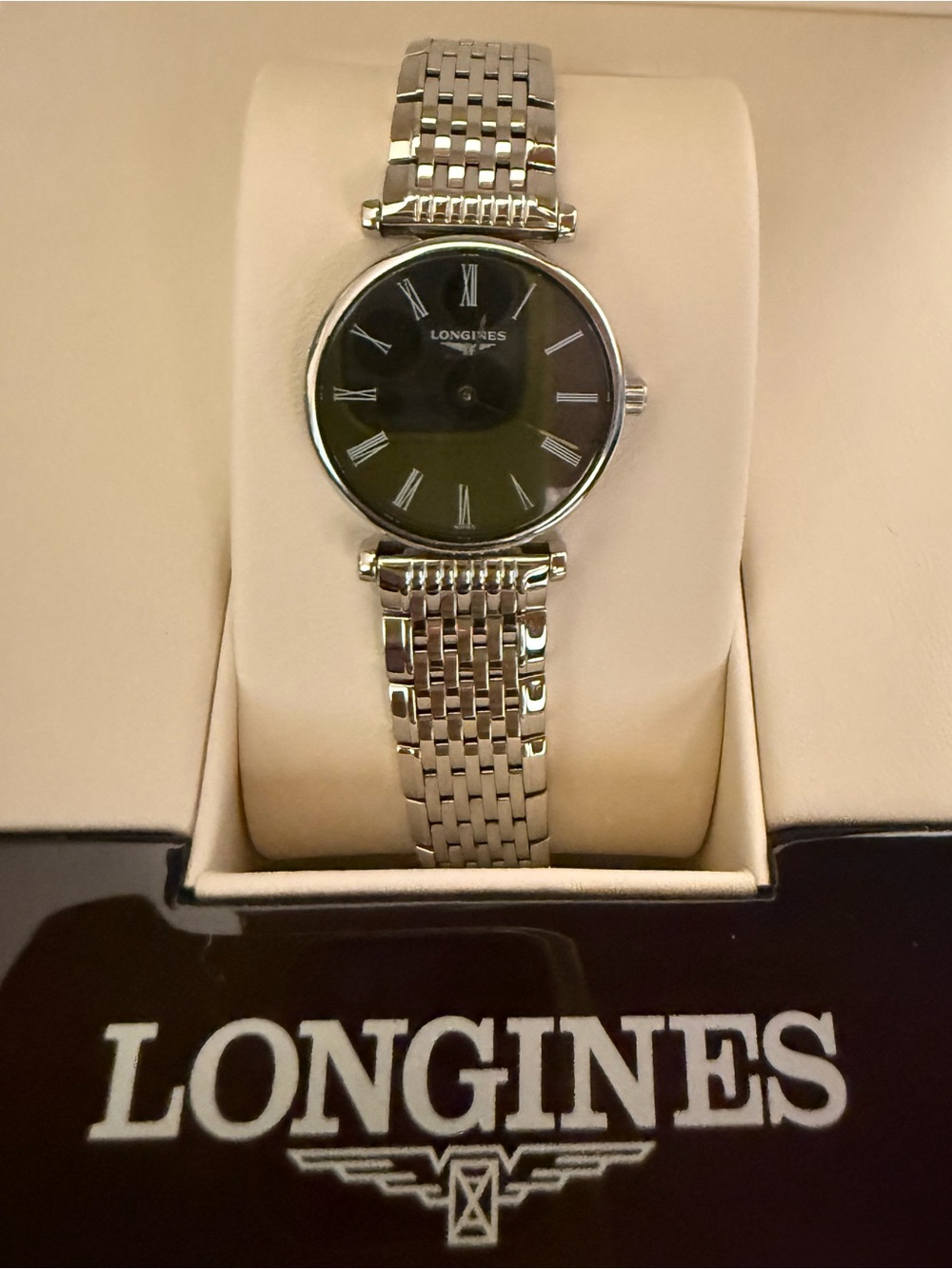Longines Silver Bracelet Watch with Black Dial and Roman Numerals